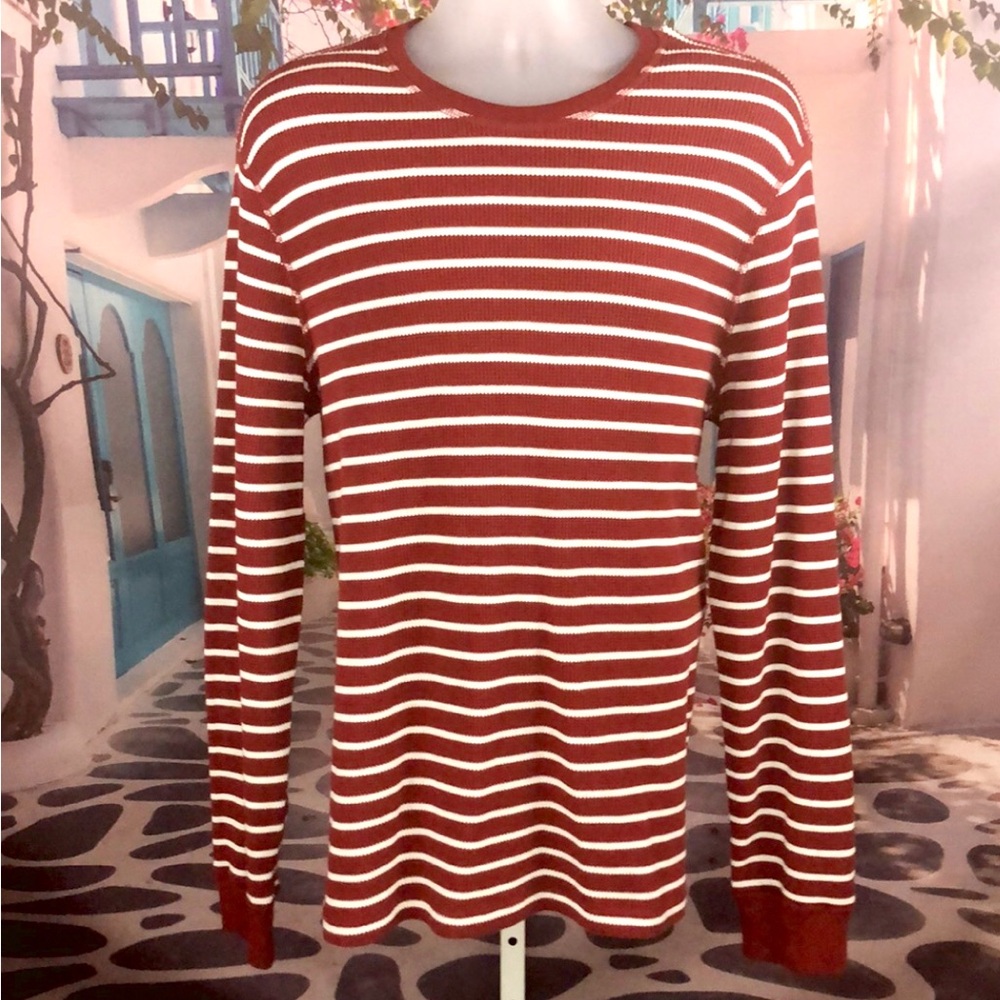 J. Crew Red and White Striped Ling Sleeve Waffle Knit Thermal Shirt